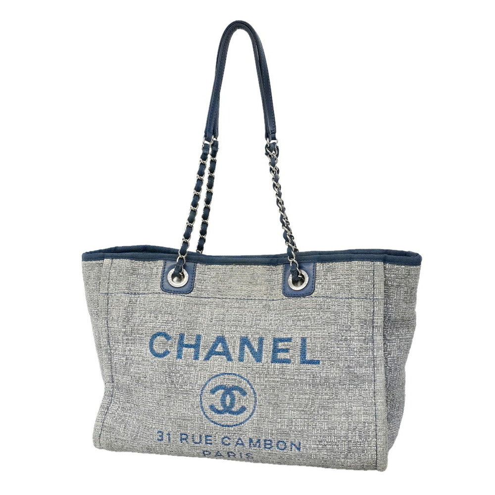 Chanel Deauville Tweed Chain Tote Bag, Navy, Women's, OP024713
